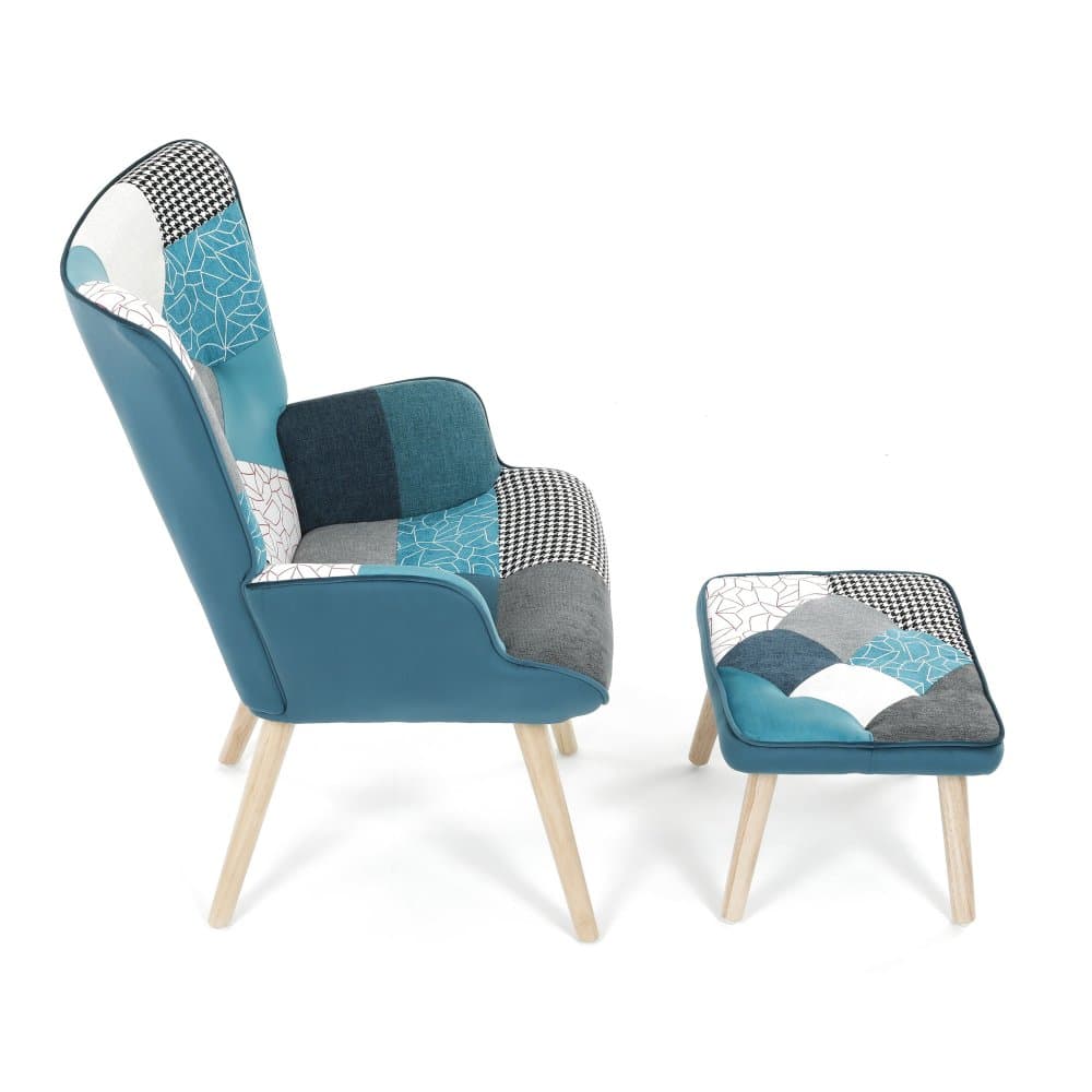 Relaxační křeslo ušák Lisa + taburet, Modrý patchwork 8