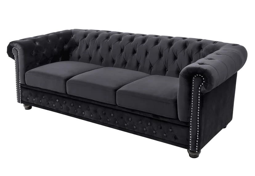 Designová sametová třímístná sedačka Maya s chesterfield prošíváním s kulatými nožičkami 205 cm