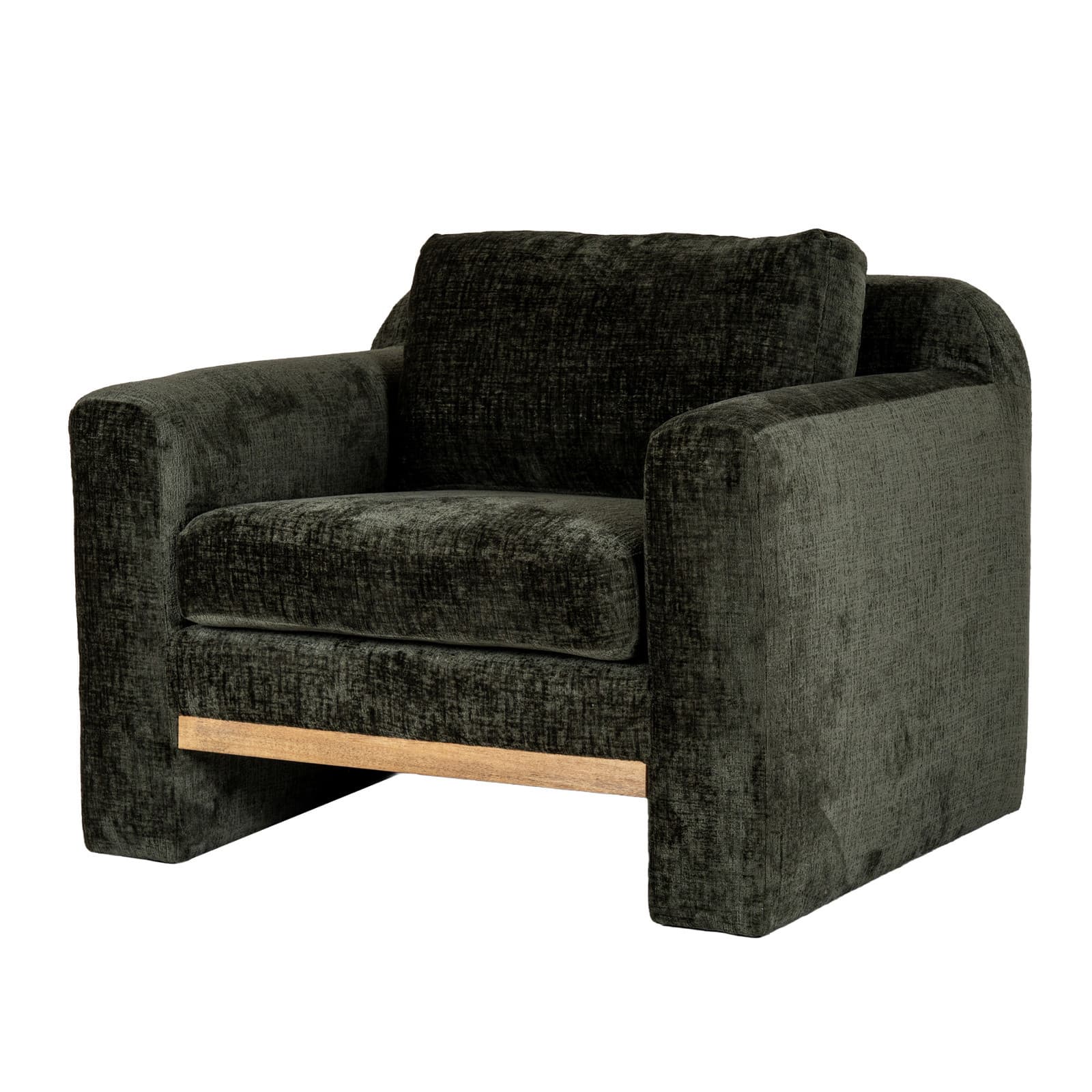 Luxusní retro sametové křeslo Gloria se světlým dřevěným detailem a lineární siluetou 107 cm