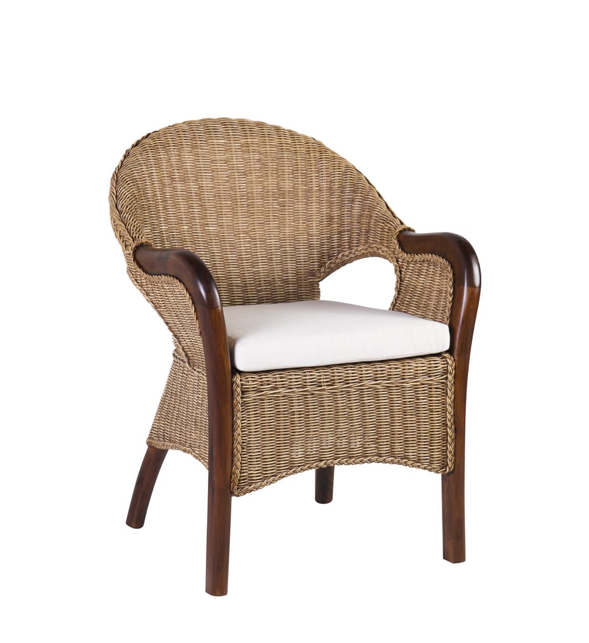 Vintage ratanové křeslo New Cobra Rattan s hustým výpletem světlé s tmavším rámem z mahagonu 60 cm, Přírodní