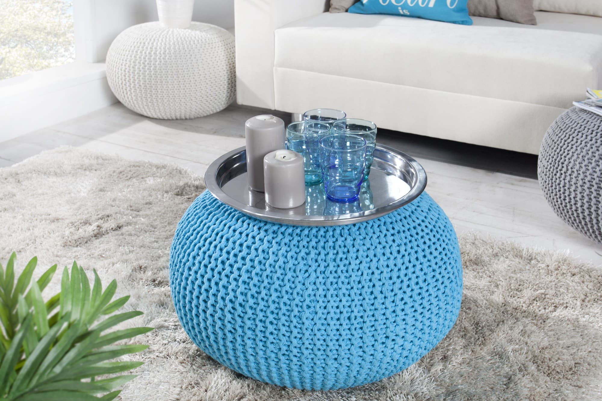 Moderní kulatá čalouněná taburetka Stool s pletenou podstavou 45 cm