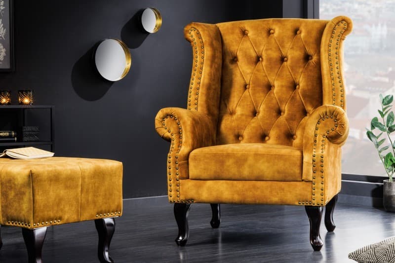 Chesterfield křeslo Cella se sametovým čalouněním s masivními nožičkami 105cm