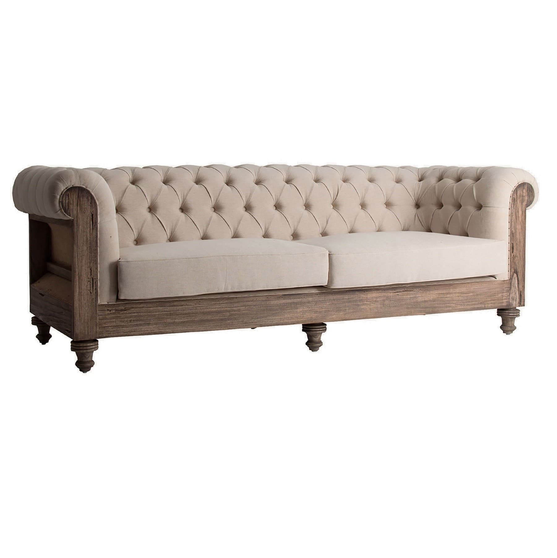 Luxusní vintage sedačka Gretchen se světlou dřevěnou konstrukcí a čalouněním v chesterfield stylu 238 cm