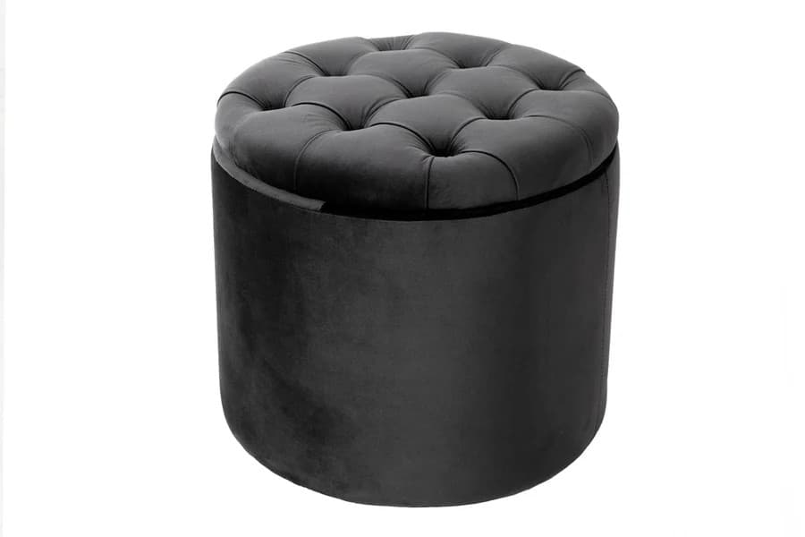 Designová tmavá taburetka Modern Barock kulatého tvaru v glamour stylu se sametovým potahem s úložným prostorem 50cm