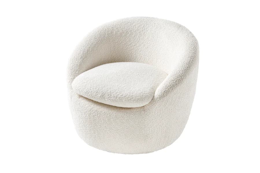 Stylové glamour bouclé otočné křeslo Elian s textilním potahem v kulatém tvaru 76 cm