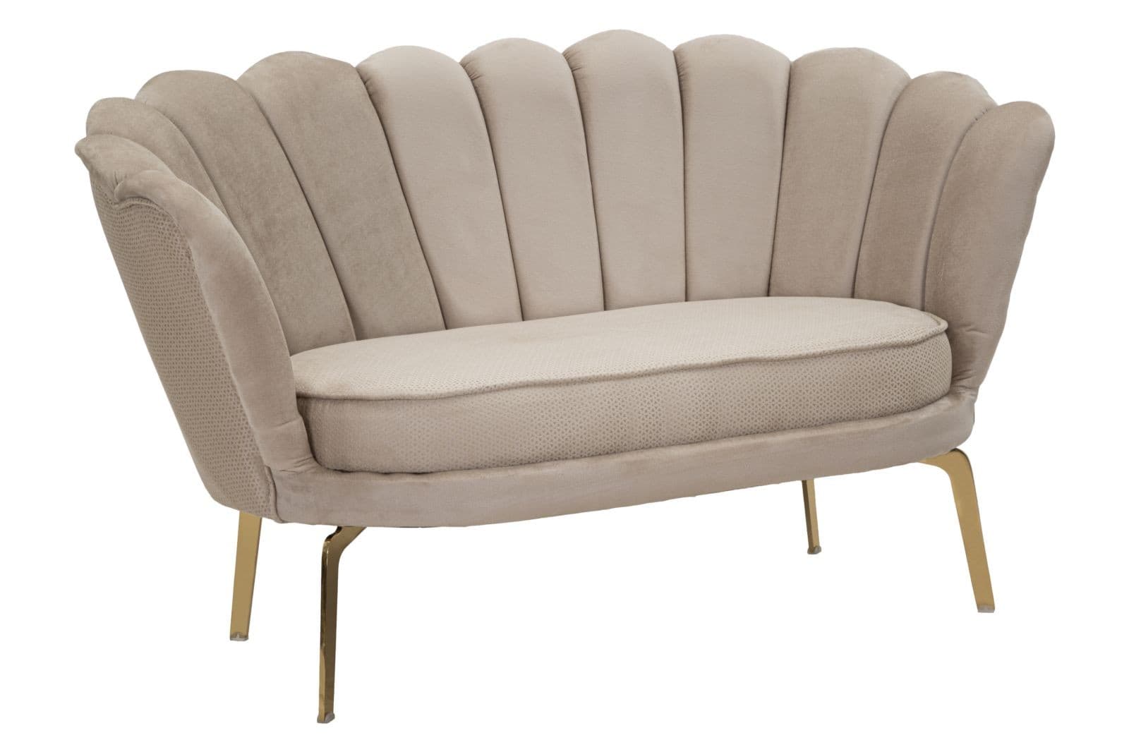 Art deco dvoumístná čalouněná prošívaná sedačka Perla ve tvaru mušle se sametovým potahem se nožičkami 136 cm