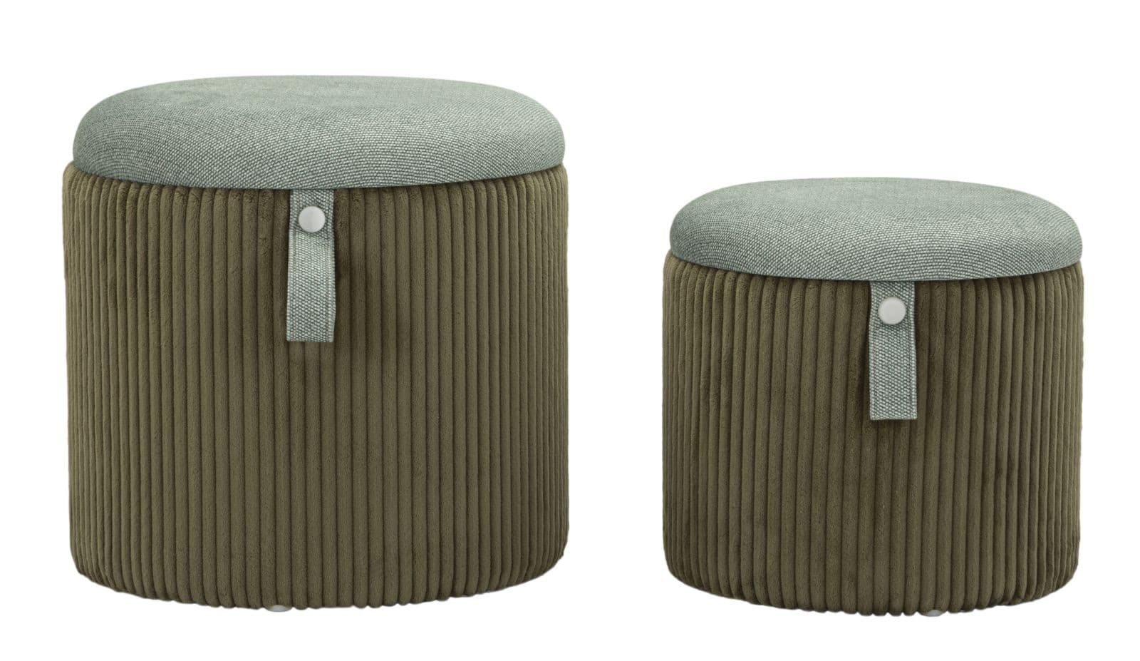 Moderní set kulatých čalouněných úložných taburetek Lidia se kaki žebrovaným sametovým potahem 38 cm
