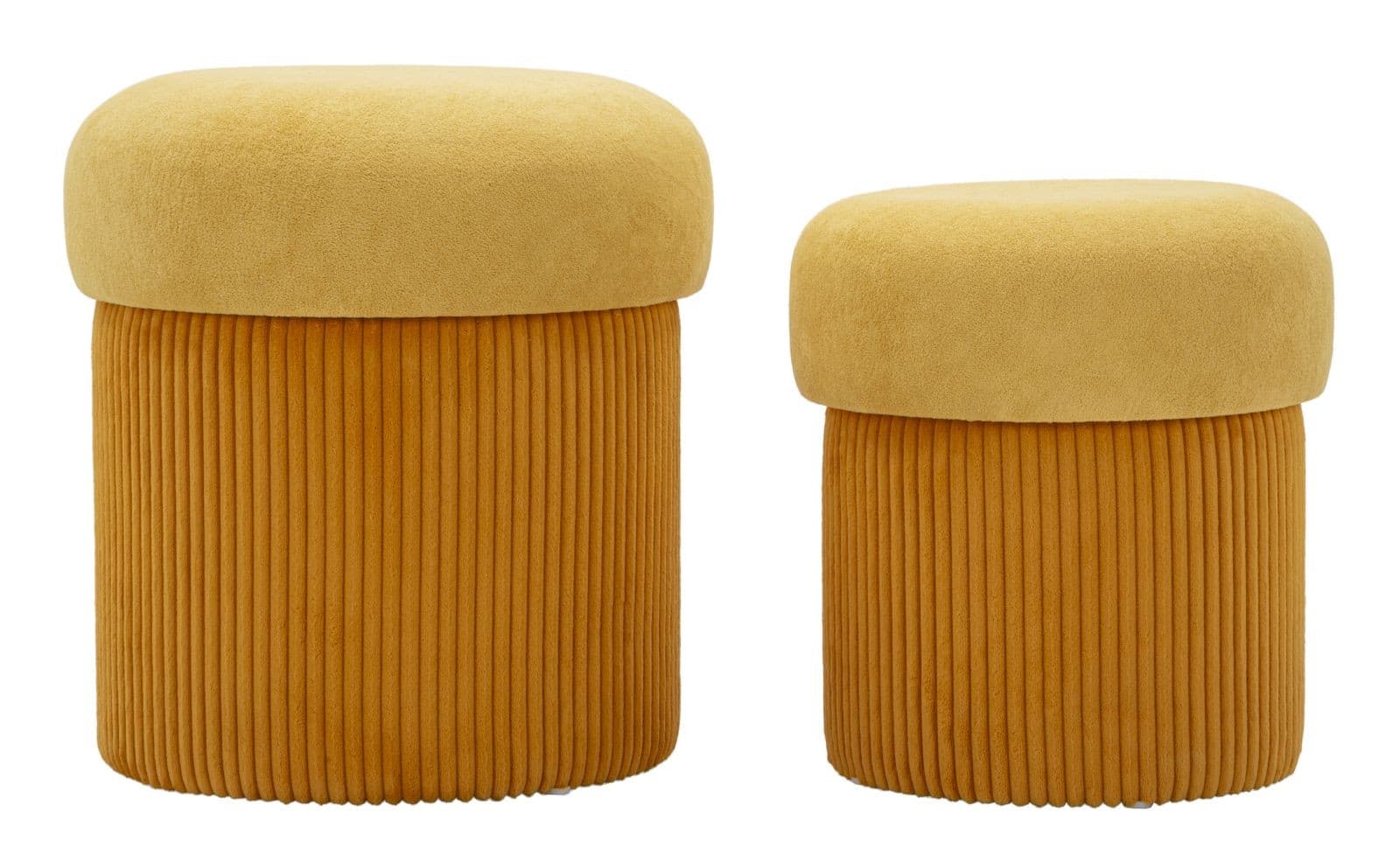 Moderní set kulatých čalouněných sametových taburetek Mavis s žebrovaným prošíváním a úložným prostorem 44 cm
