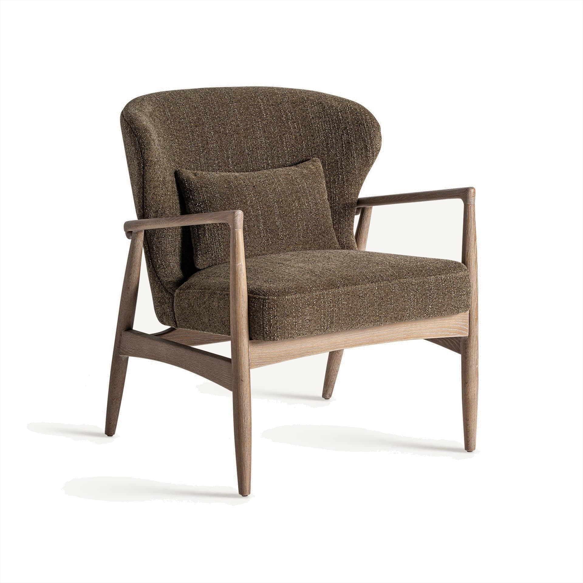 Luxusní retro čalouněné kaki křeslo Ulinop s dřevěnými nožičkami a opěrkami na ruky 83 cm