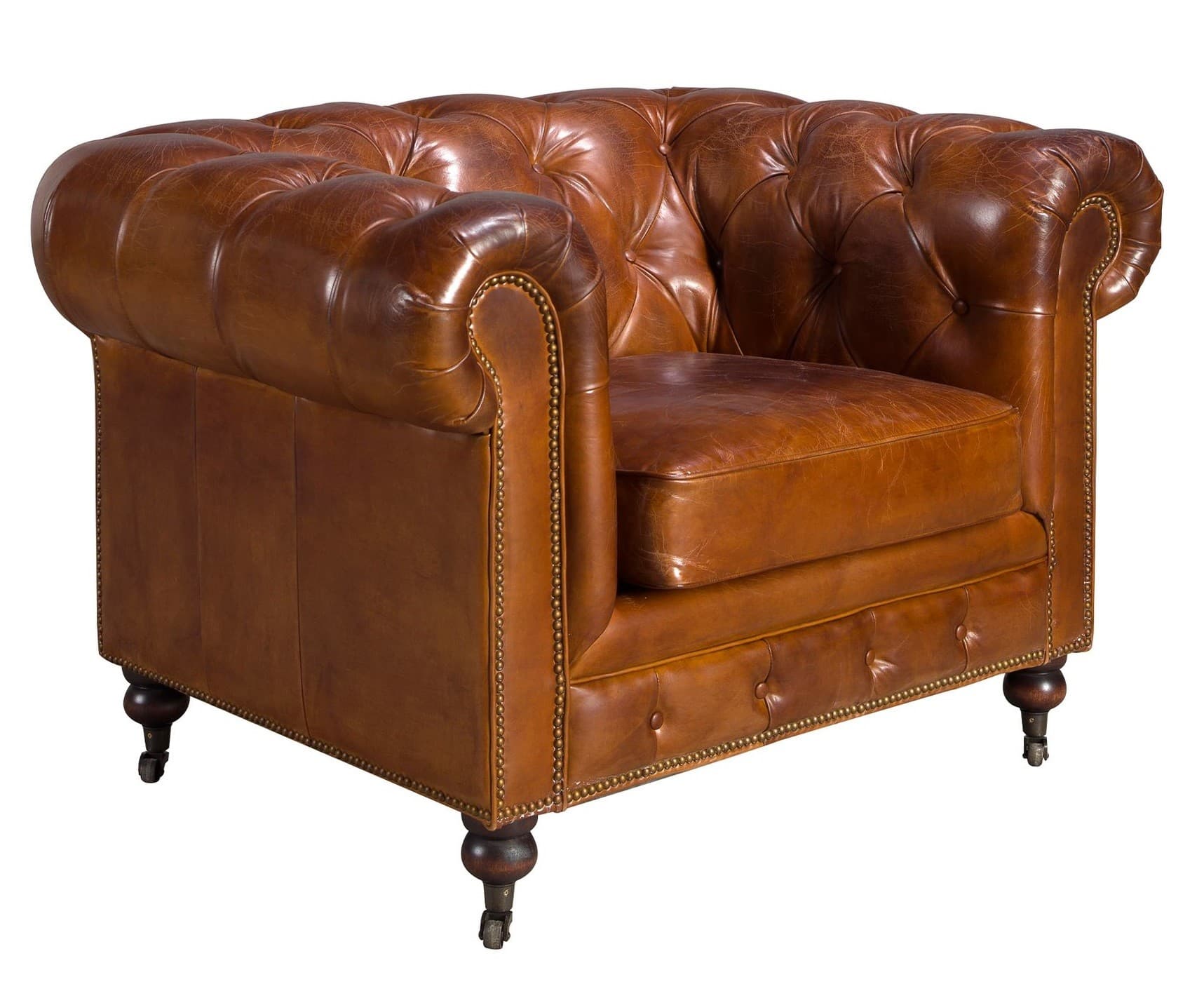 Luxusní chesterfield křeslo Hastings s potahem z kůže odstínu s designovými kolečky 120 cm