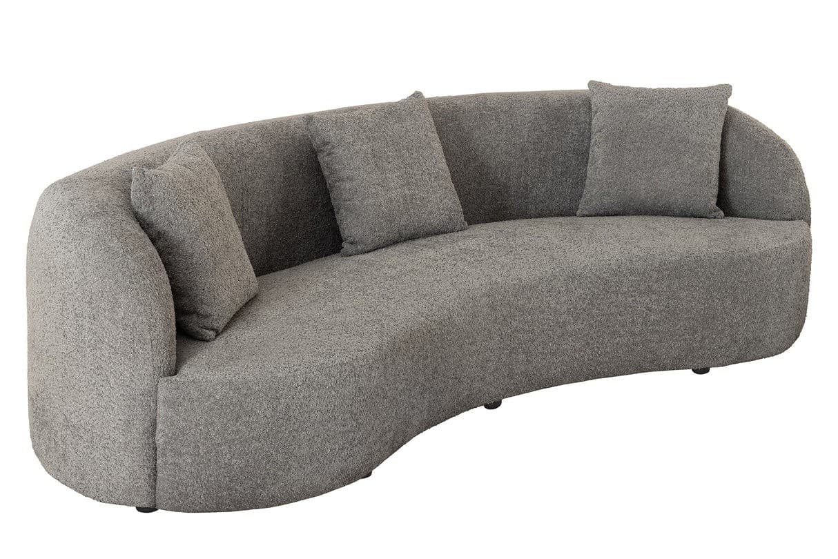 Designová buklé třímístná sedačka Jina v obloukovém tvaru s potahem a třemi polštáři 229 cm