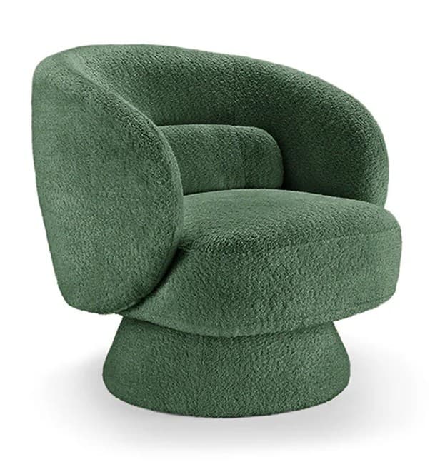 Art deco otočné křeslo Elian s čalouněním bouclé a kruhovou kulatou základnou o 360 stupňů 76 cm