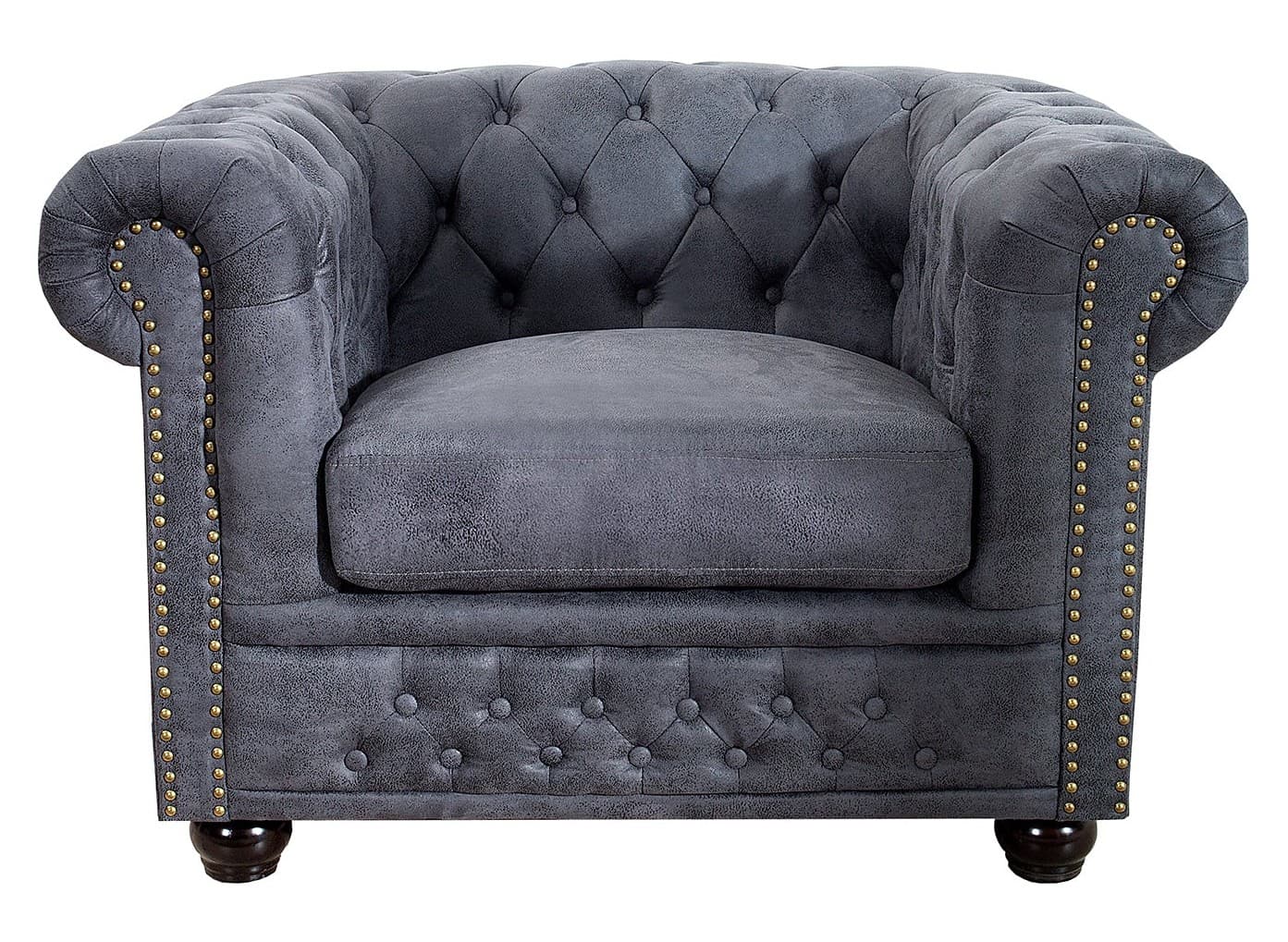 Vintage křeslo Chesterfield Grau s ozdobným prošíváním s kulatými knoflíčky a potahem s efektem vintage kůže 105 cm