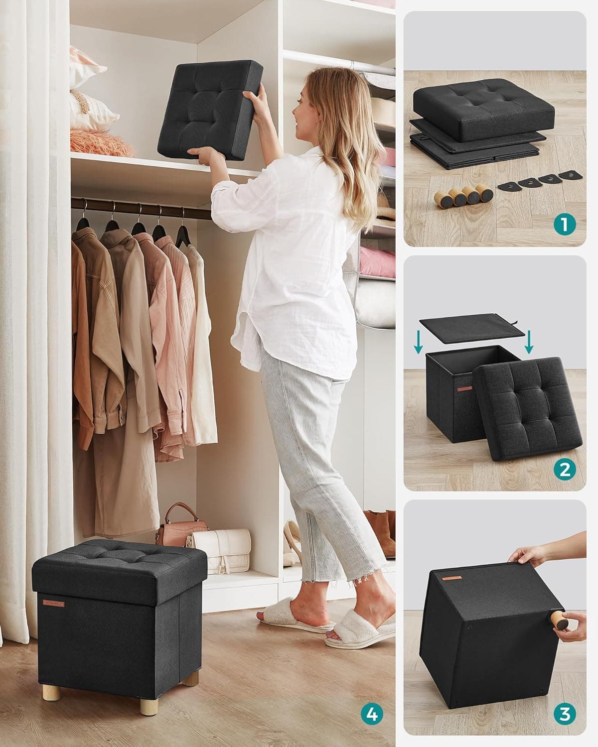 Taburet s úložným prostorem Cenry 38 cm, Černý 5