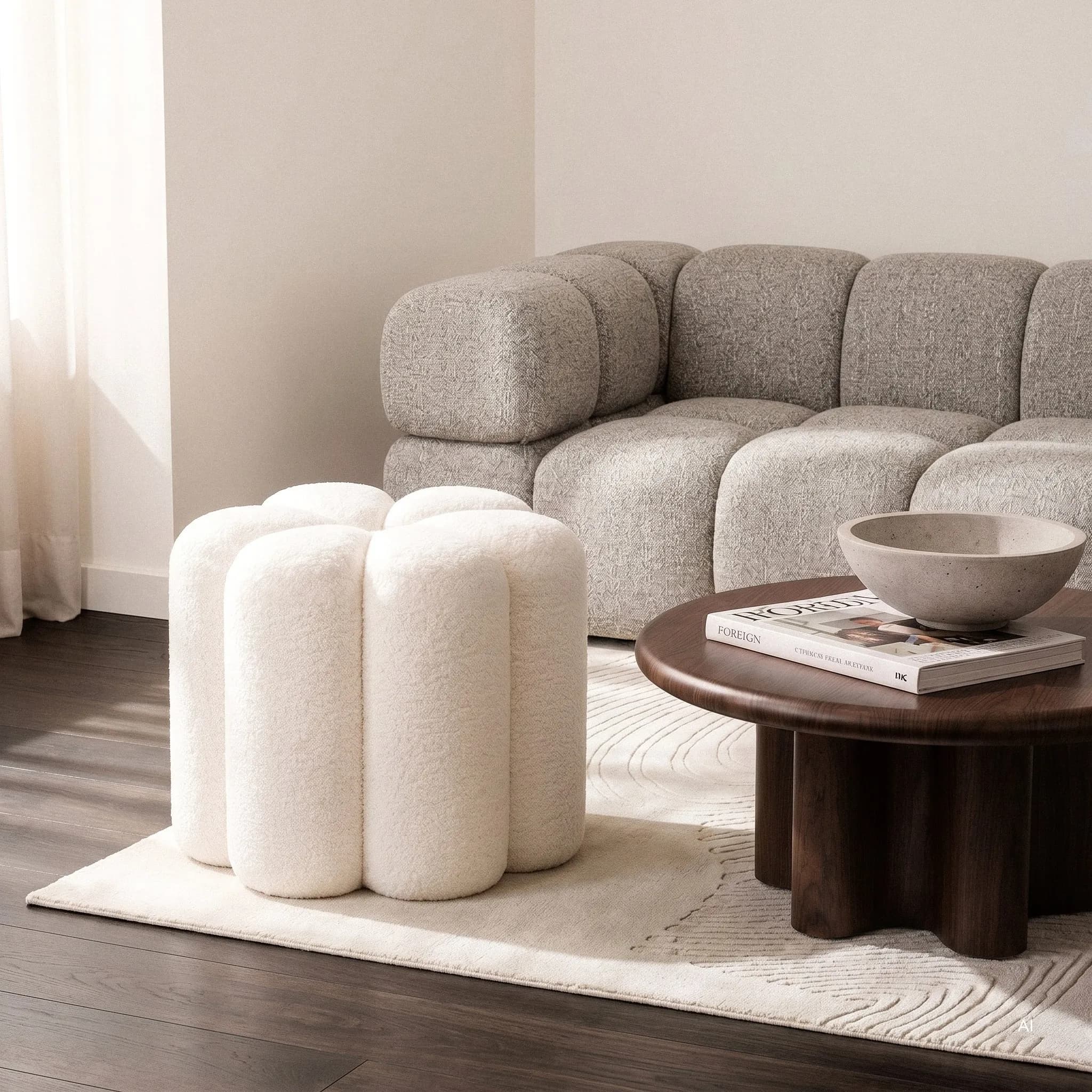 Designový taburet Quad bouclé, Bílý 2