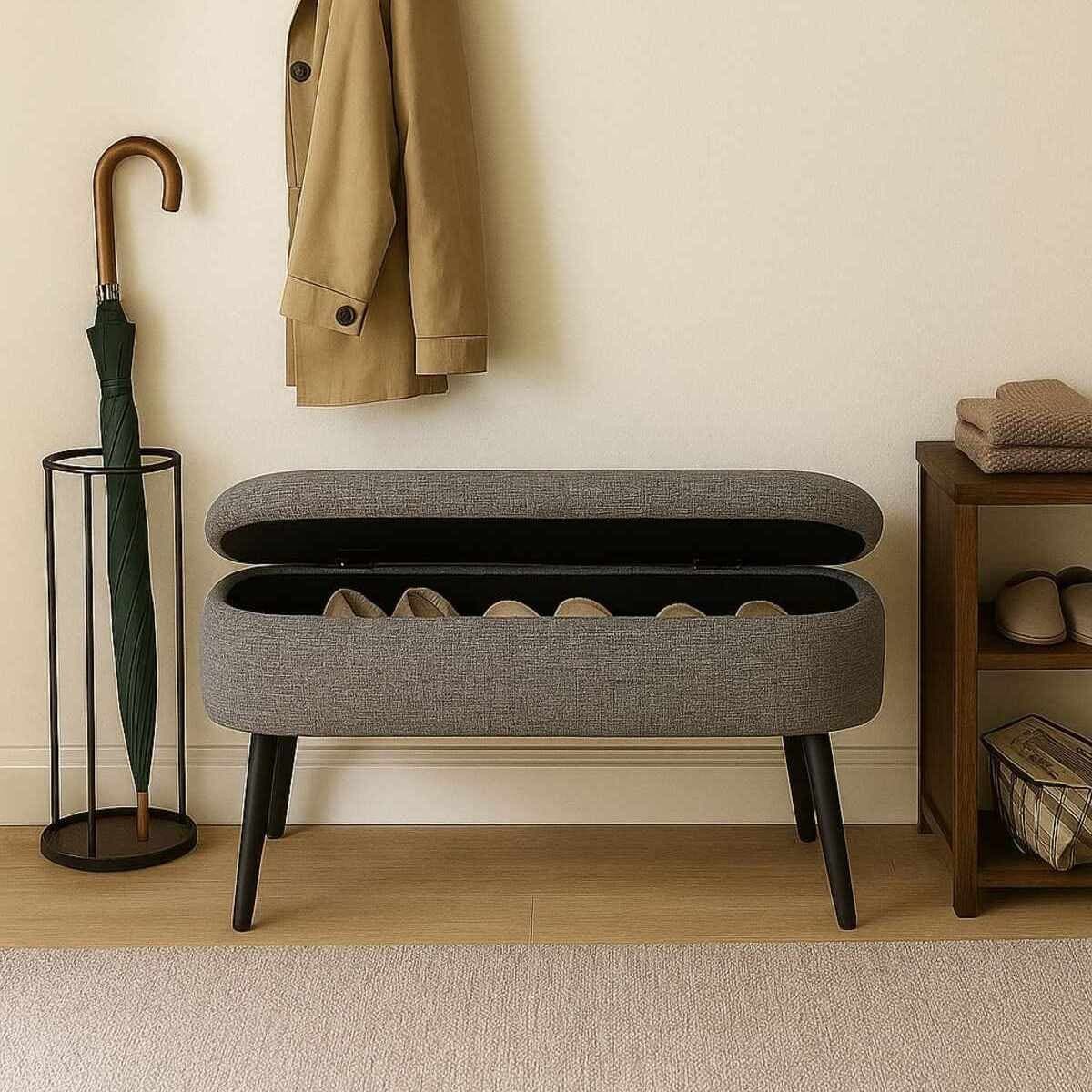 Taburet Oslo s úložným prostorem 90 cm, Len šedý/černý 2