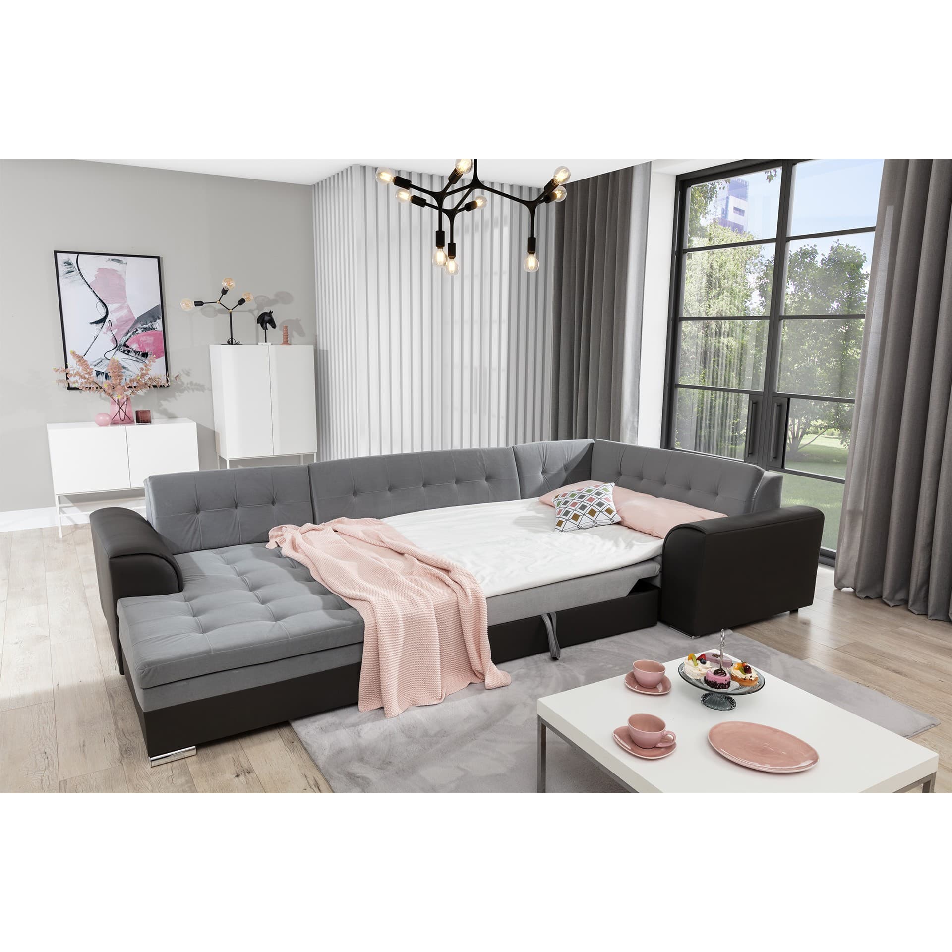 Rohová rozkládací sedací souprava Damario 338 cm, Berlin 01/Soft 11 šedá levá, levá strana 4