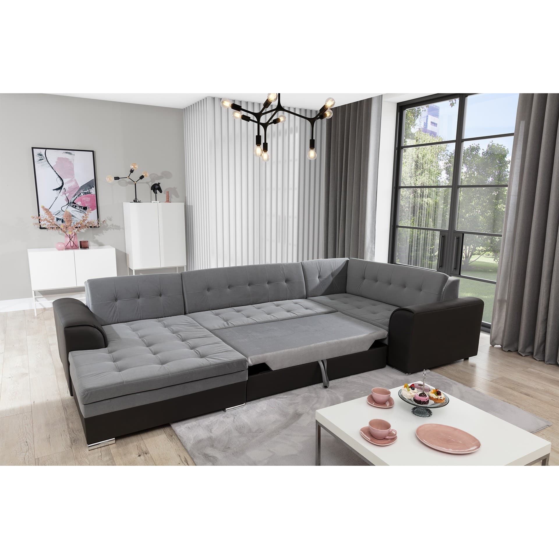 Rohová rozkládací sedací souprava Damario 338 cm, Berlin 01/Soft 11 šedá levá, levá strana 5