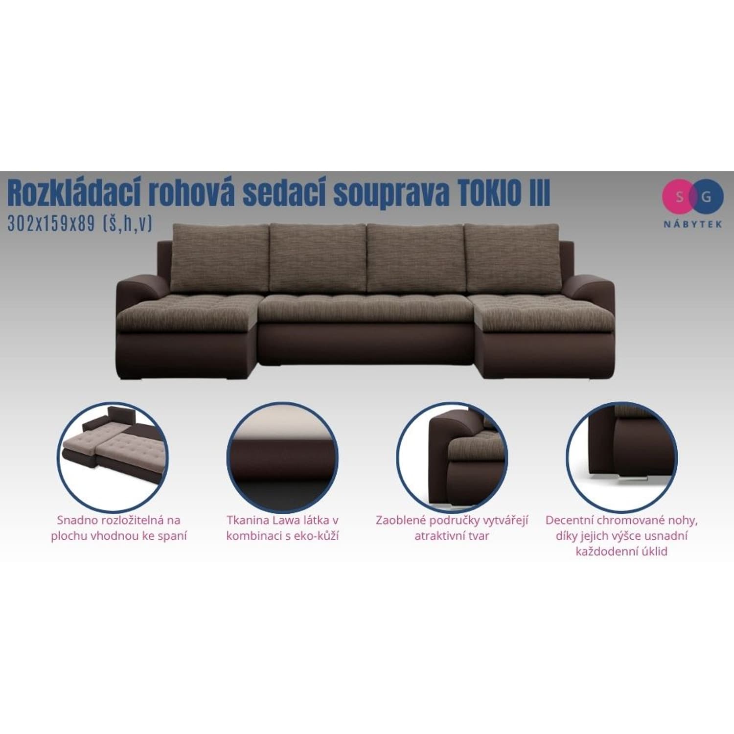 Rozkládací rohová sedací souprava Tokio III / II, Šedá/bílá II 8
