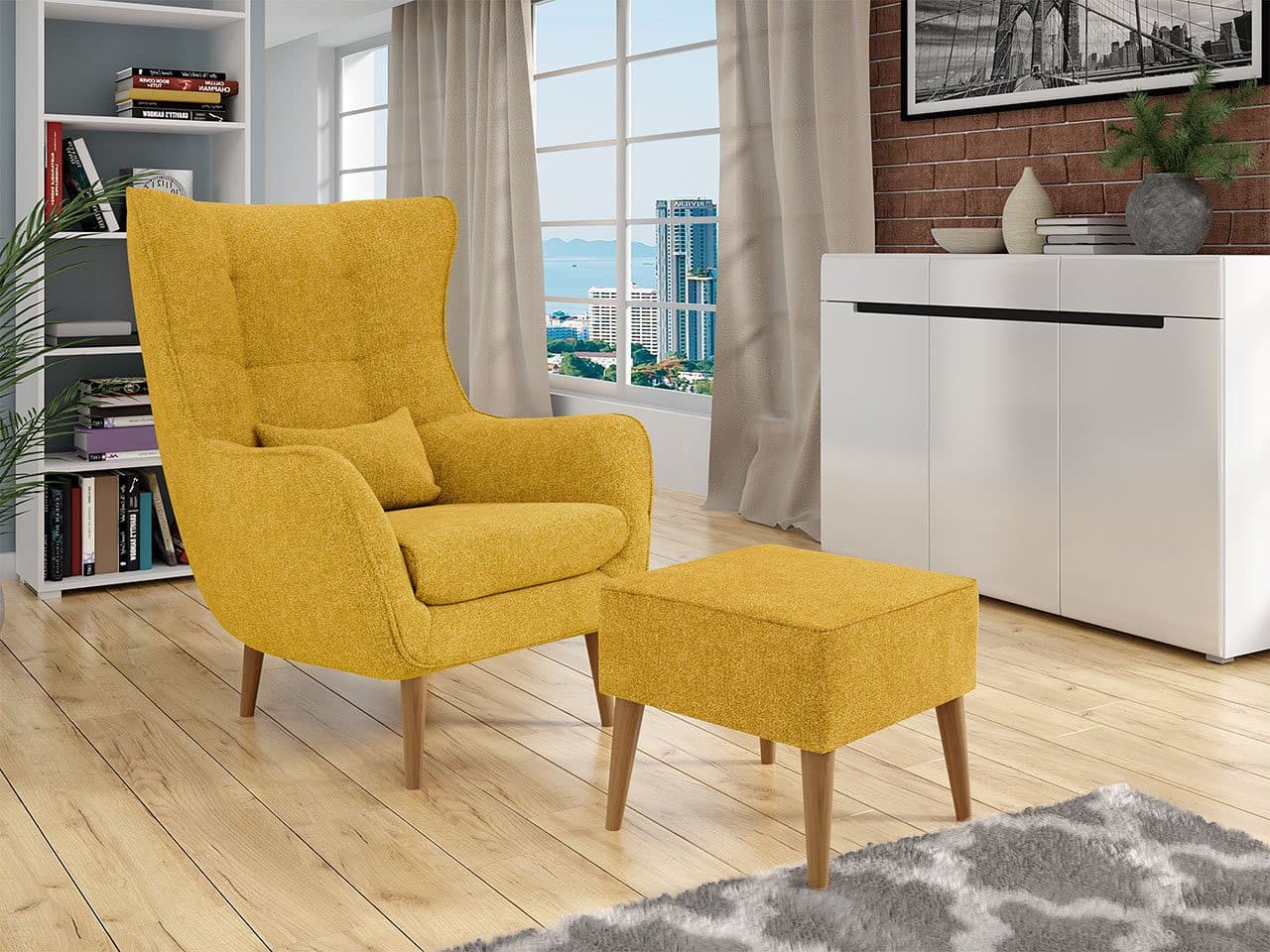 Designové křeslo ušák s taburetkou Levi