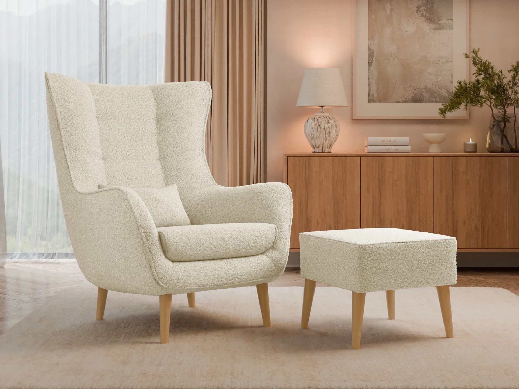 Designové křeslo ušák s taburetkou Levi