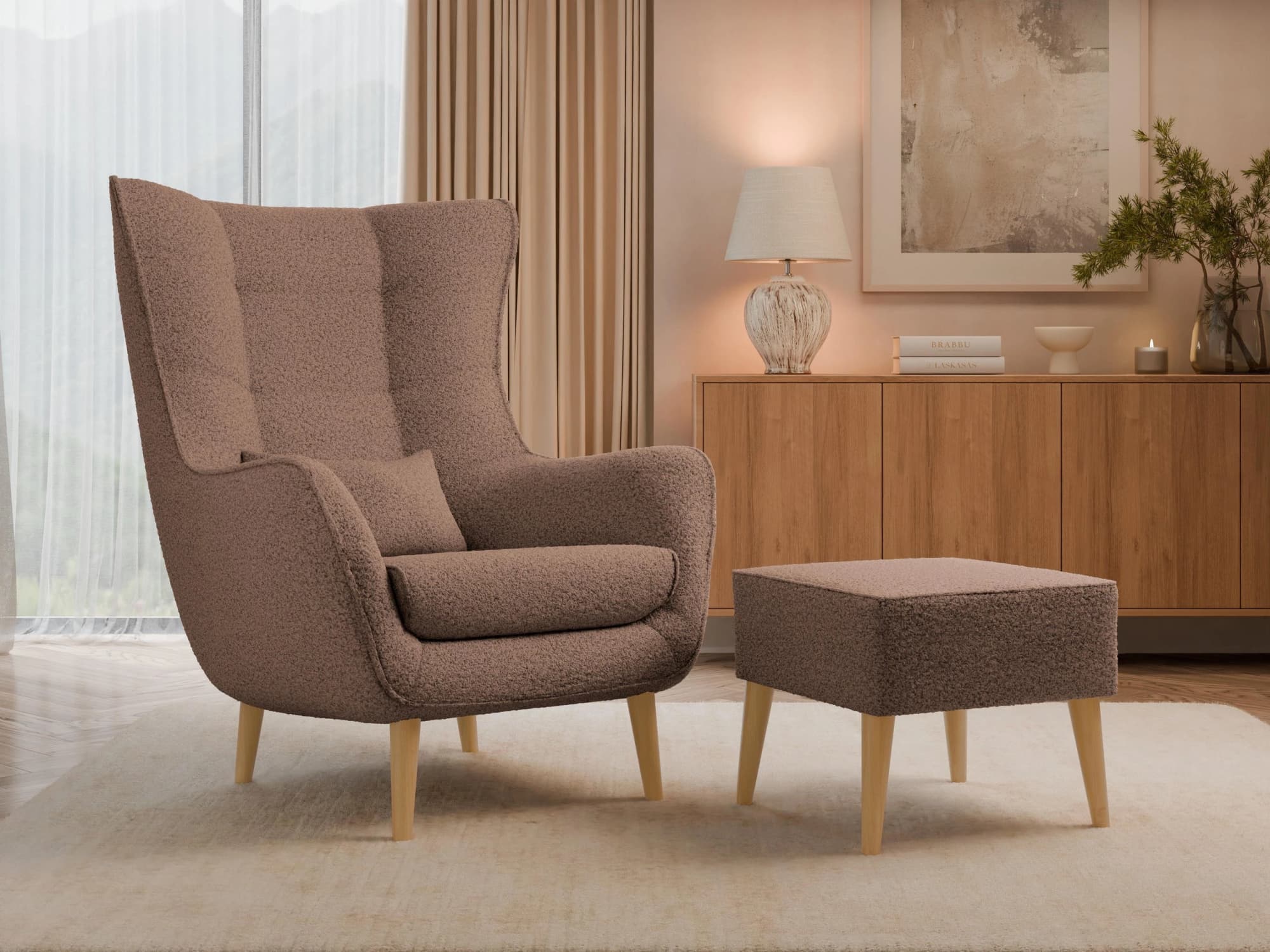 Designové křeslo ušák s taburetkou Levi