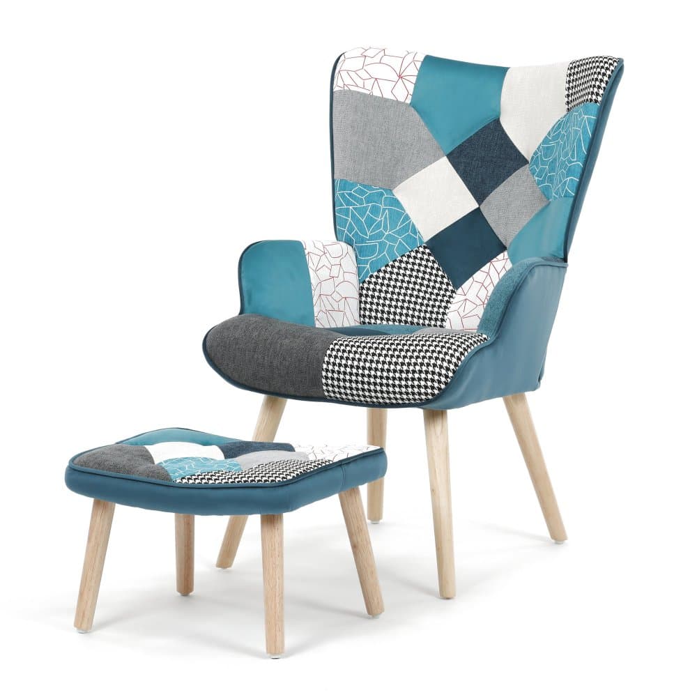 Relaxační křeslo ušák Lisa + taburet, Modrý patchwork