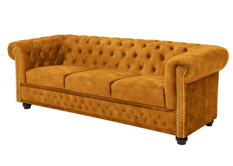Designová sametová chesterfield třímístná sedačka Maya v hořčičné barvě s kulatými nožičkami 205 cm