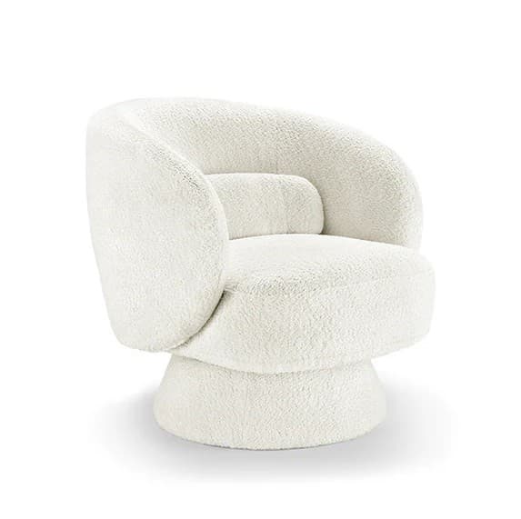 Stylové bouclé otočné designové křeslo Elain v kulatém tvaru na kuželové podstavě 71 cm