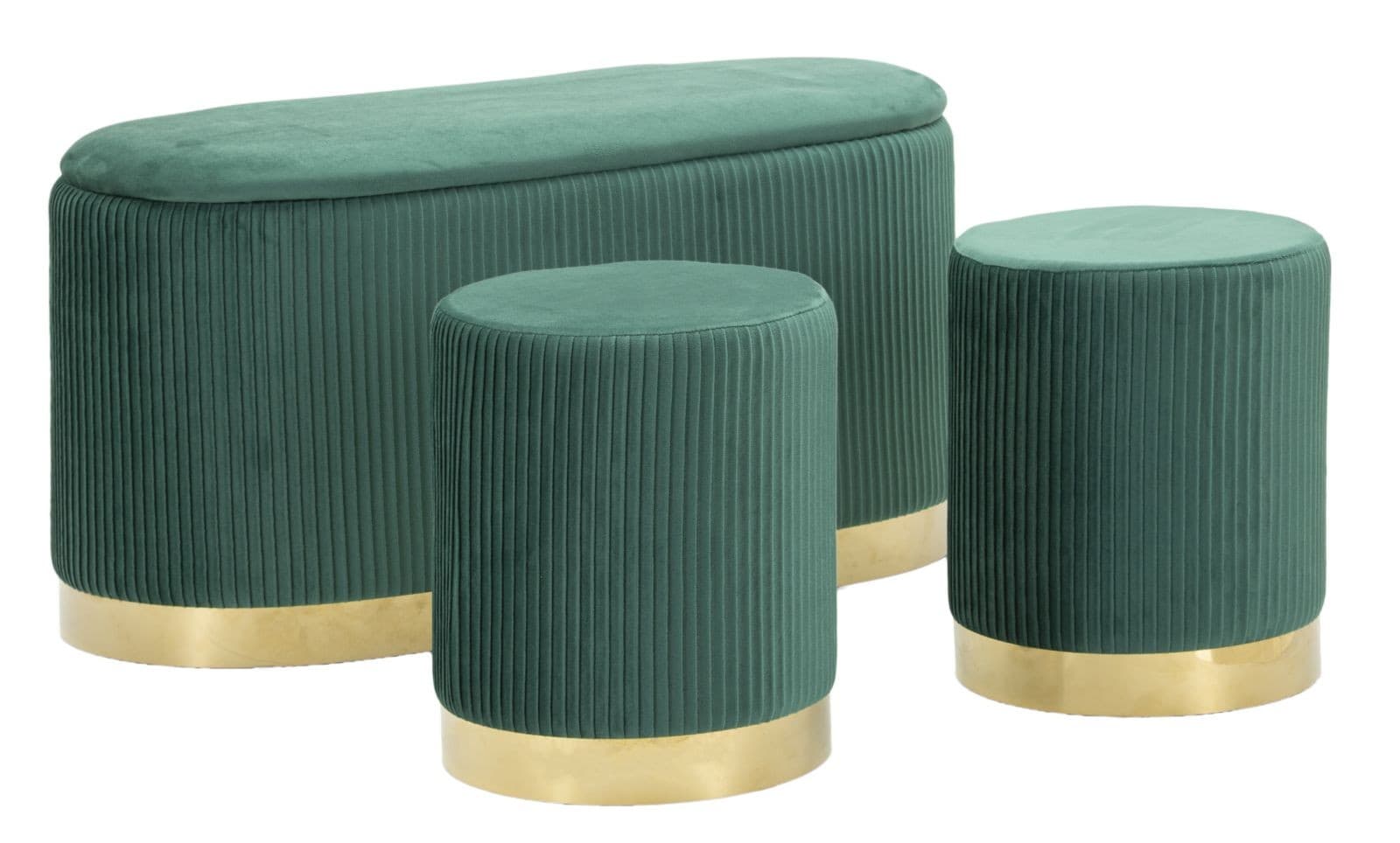 Designová art deco sada Ponzi ze dvou taburetek a oválné lavice s úložným prostorem se čalouněním 80 cm