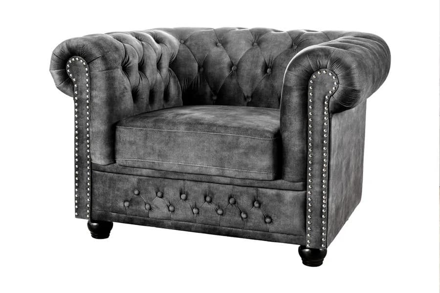 Designové křeslo Chesterfield se sametovým potahem s prošíváním s kulatými knoflíky a zarolovanou opěrkou 109 cm