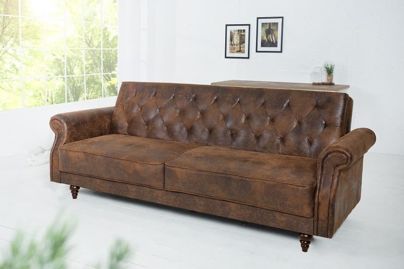 Designová klasická rozkládací sedačka Maison Belle Affaire s efektem vintage kůže a prošívanou opěrkou 220 cm