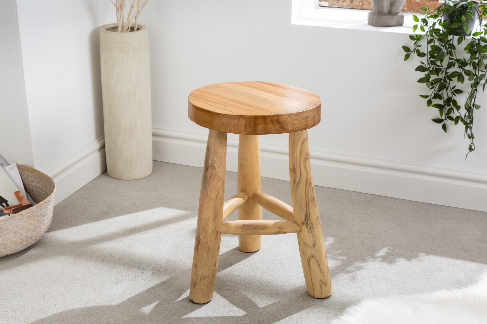Designová teaková kulatá taburetka Sheril ve s 45 cm, Světle hnědé