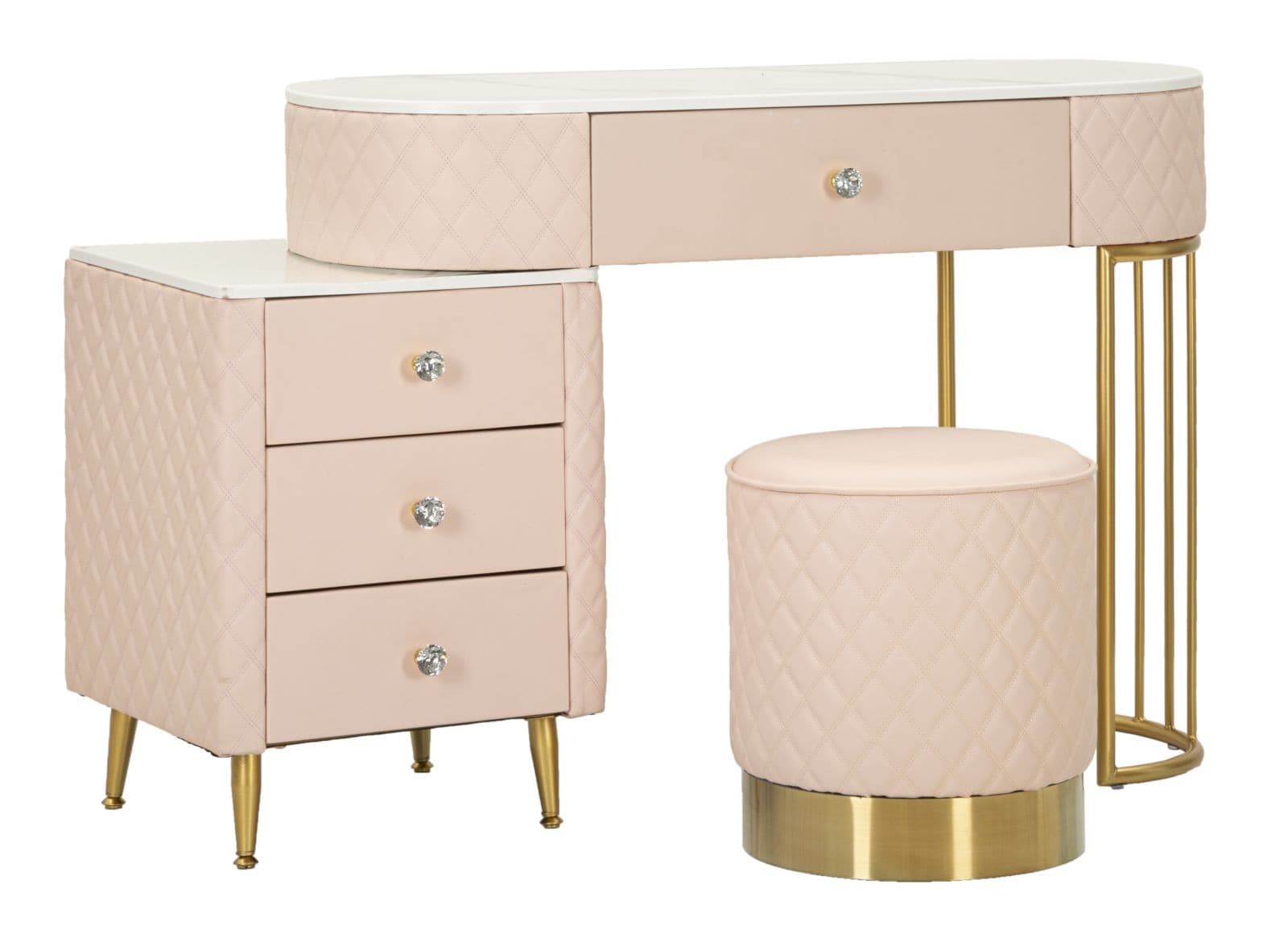 Glamour oválná toaletní sestava Glamia Tapisé s koženým čalouněním s diamantovým prošíváním a mramorovou deskou 120 cm