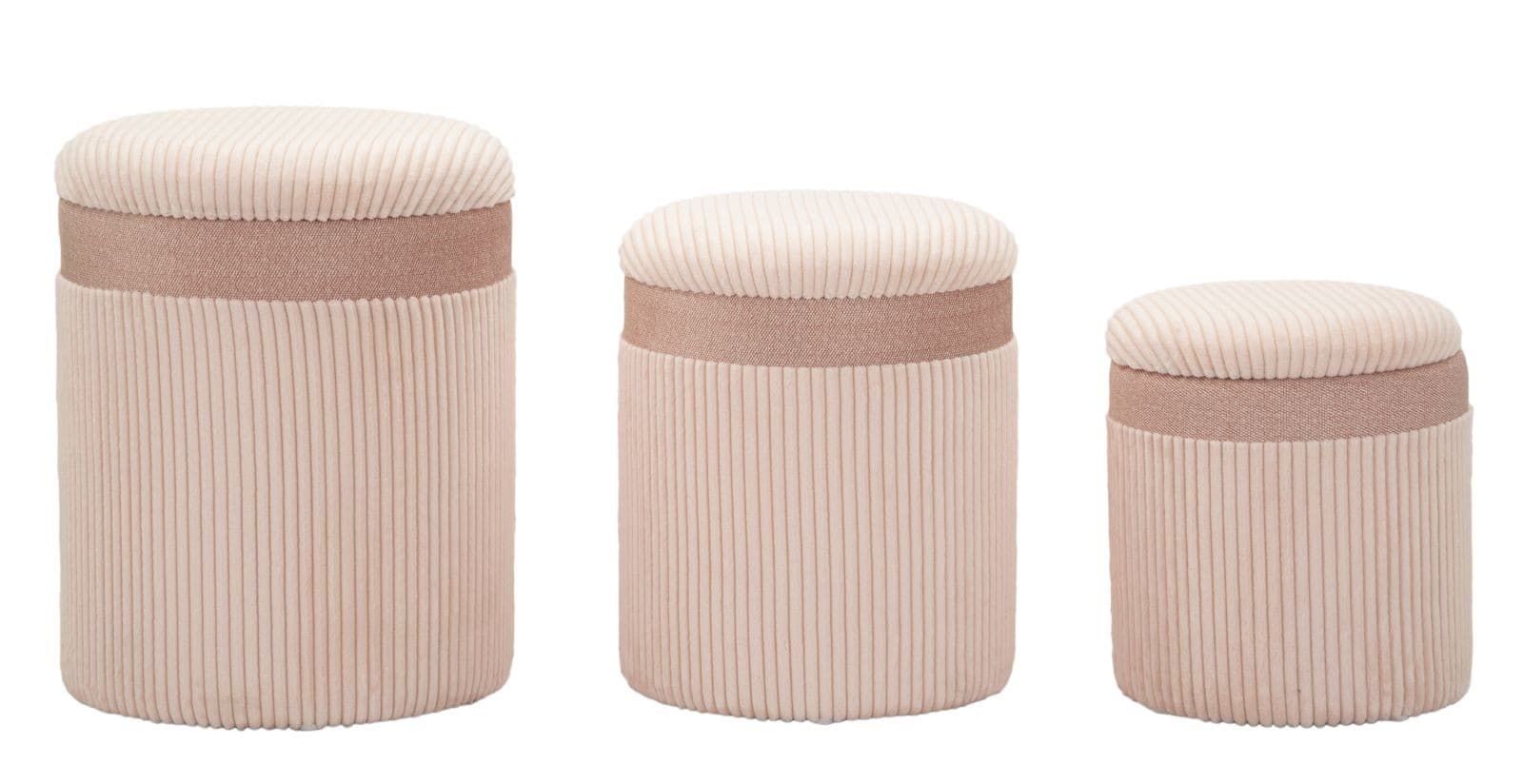 Moderní set tří kulatých sametových taburetek Mendy s žebrovaným potahem s úložným prostorem 49 cm