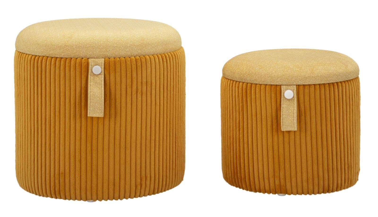 Moderní set kulatých čalouněných sametových taburetek Lidia s žebrovaným prošíváním a úložným prostorem 38 cm