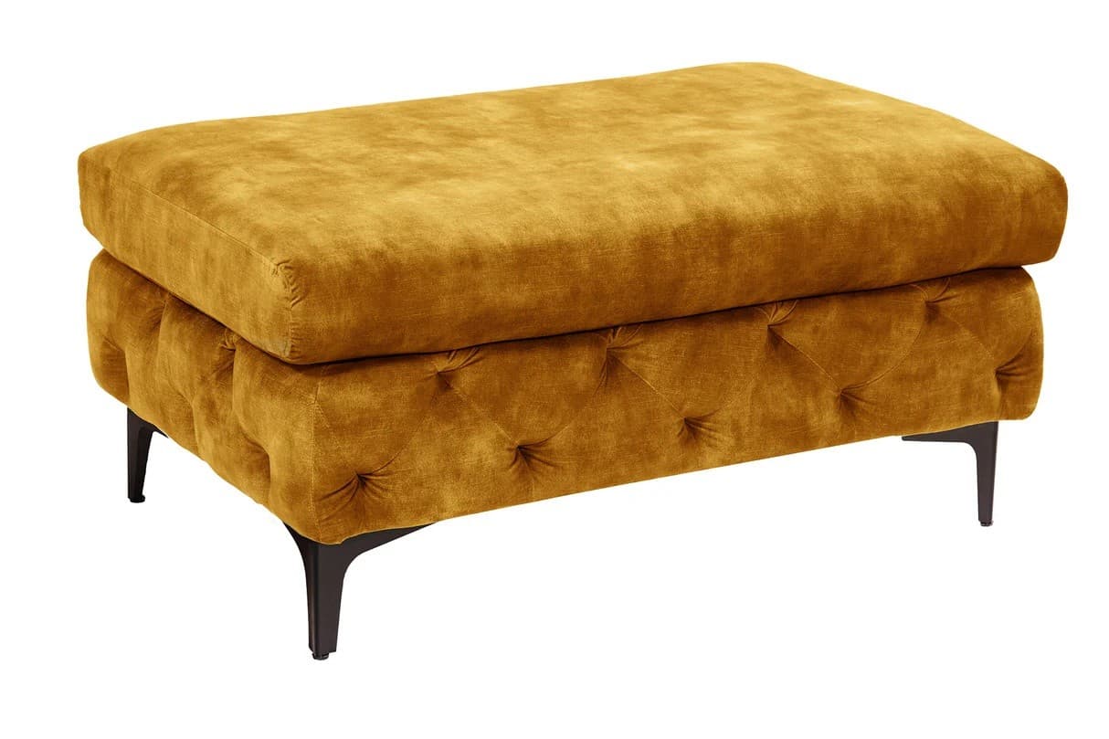 Štýlová chesterfield horčicová žltá čalúnená taburetka Modern Barock s prešívaným poťahom a čiernymi kovovými nožičkami 92 cm