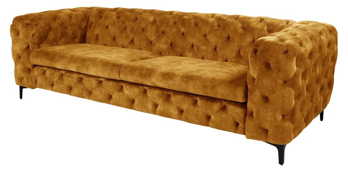 Luxusní třímístná chesterfield sedačka Modern Barock se sametovým potahem s prošíváním v hořčičné barvě s nožičkami 235 cm