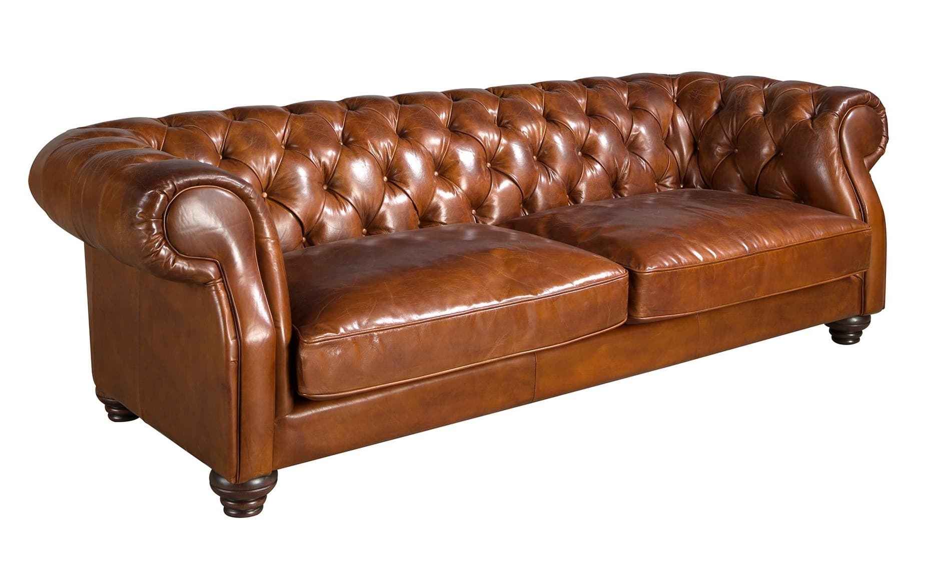 Luxusní chesterfield třímístná sedačka Hastings s potahem z kůže a vyřezávanými nožičkami 226 cm