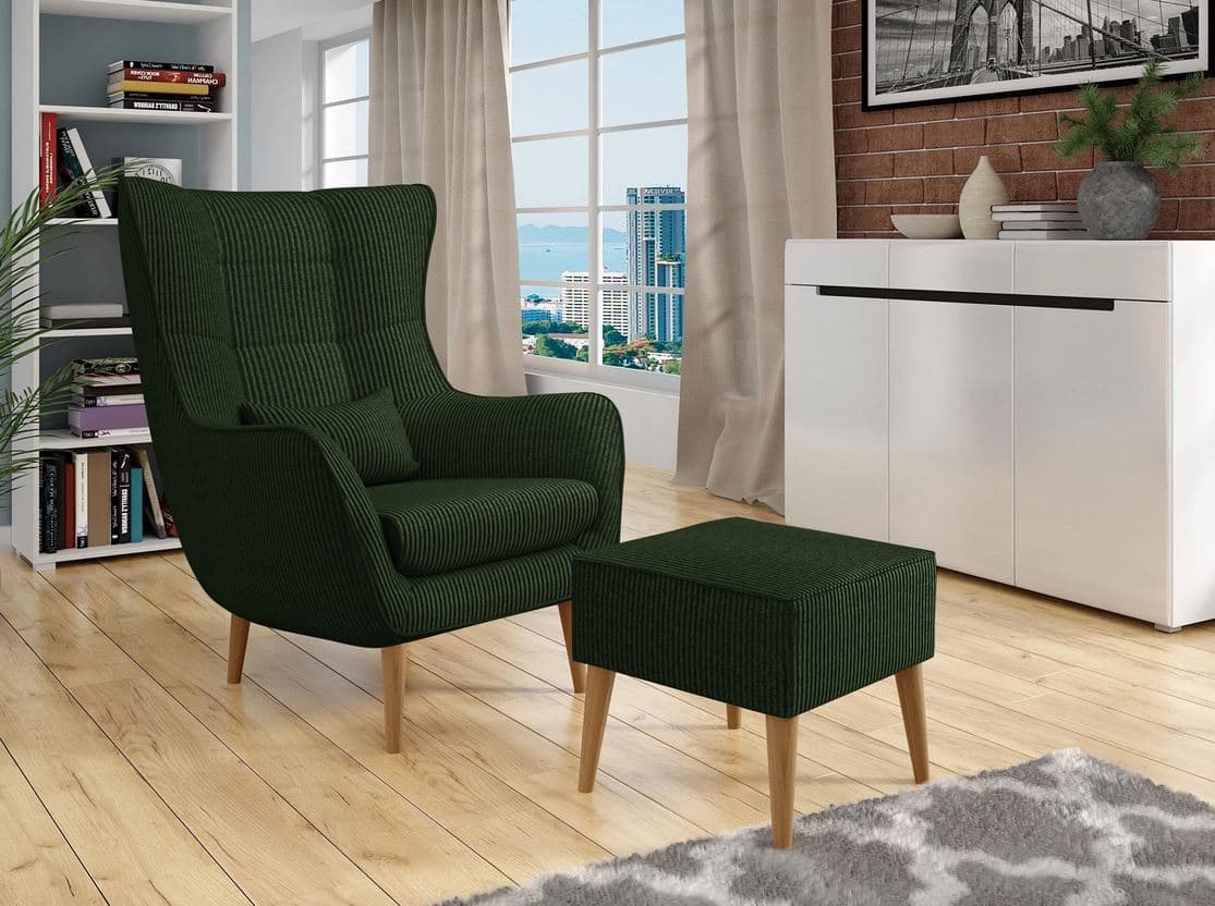 Designové křeslo ušák s taburetkou Levi, Tmavé zelené