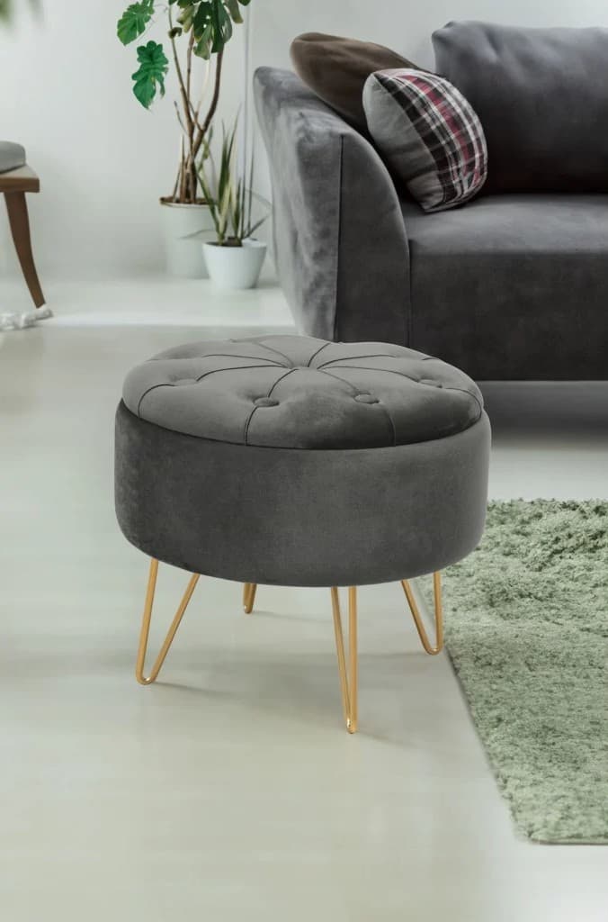 Elegantní taburet Dravien s úložným prostorem, Šedý / zlatý